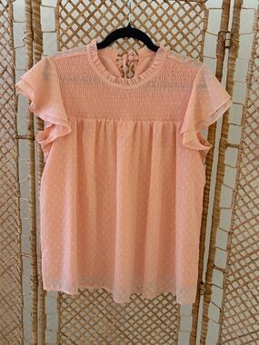 Women's Peach Swiss Dot Ruffle Sleeve Blouse